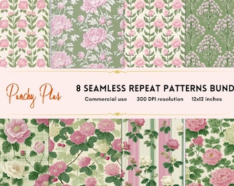 Vintage Floral Seamless Patterns Bundle, 8 Cottagecore Digital Paper Downloads Preppy Pink and Green Florals