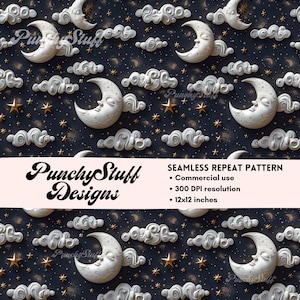 Mystical Celestial Moon naadloos patroonbestand, 3D digitale download, gezwollen schattig maansterren wolkenpatroon voor sublimatie knutselpapier