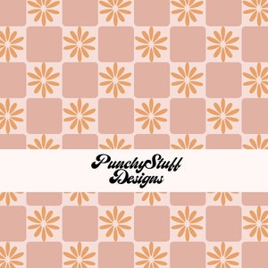 Boho Daisy Karo Neutral | Nahtloses Muster | Orange Pink Handgezeichnete illustrierte | Scrapbooking, Einladungen zur Babyparty, retro