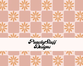 Boho Daisy Checker Neutral | Seamless Pattern | Orange Pink Hand Drawn Illustrated | scrapbooking, baby shower invitations, retro