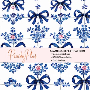 Blaue Schleife Aquarell NAHTLOS-DATEI Chinoiserie Delft Tile Muster Digitaler download Grand Millennial Französisch Land Cottage Preppy Instant