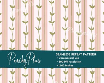 Papel digital con estampado de rayas rosas y enredaderas verdes sin costuras, estilo cottagecore, para uso comercial.
