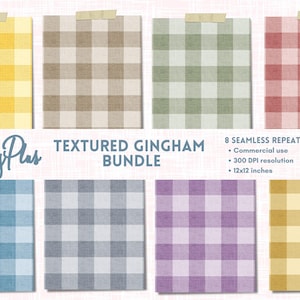 May include: A collection of eight seamless gingham patterns in various colors, including yellow, brown, green, red, blue, gray, purple, and gold. The patterns are displayed on paper-like backgrounds, taped at the top. Text reads "TEXTURED GINGHAM BUNDLE".