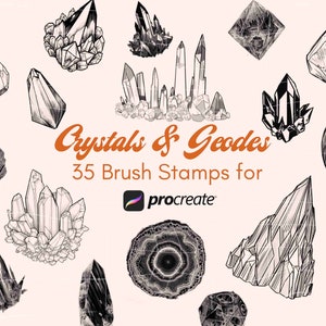 May include: A set of 35 black and white brush stamps for Procreate featuring various crystal and geode shapes. The stamps are designed for digital art and illustration.