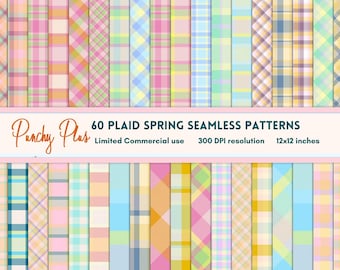 Paquete de patrones sin costuras de cuadros escoceses de primavera / 60 papeles digitales de cuadros vichy pastel / Diseño de sublimación para Pascua