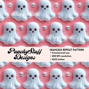 May include: A seamless repeat pattern featuring white ghosts with black eyes and mouths on a pink background. The pattern is 12x12 inches and 300 DPI resolution. The text "Punchy Stuff Designs" is in the center of the image.