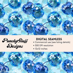 SEAMLESS FILE CHERRY Disco Balls Patrón ilustrado / Lindo patrón 3D de moda verano primavera sin costuras, envolturas de vaso de sublimación, azul de moda