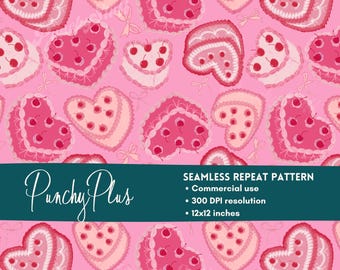 Patrón sin costuras de San Valentín, papel digital rosa con diseño de pastel de corazón vintage, fondo retro de postre de San Valentín, impresión de panadería encantadora
