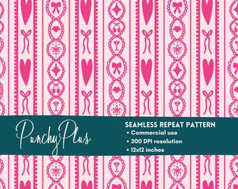 Patrón sin costuras de San Valentín, papel digital para el Día de San Valentín con martini rosa y cerezas retro, labios y lazos.