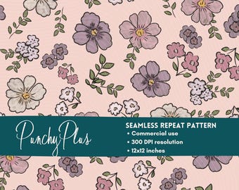 Diseño floral Liberty sin costuras / Flores silvestres en rosa empolvado / Papel digital estilo cottagecore en tonos pastel / Diseño de sublimación