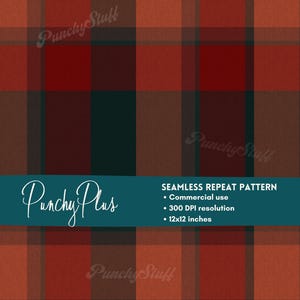 May include: Seamless repeat pattern in a plaid design. The pattern features a grid of intersecting lines in shades of red, orange, brown, and dark green. The text "Punchy Plus" and "Seamless Repeat Pattern" are visible.