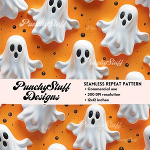 Motif de fichier sans couture fantômes d'Halloween, joli motif de répétition d'automne 3D tendance, sublimation, emballages de gobelet, papier numérique pour travaux manuels d'automne à la mode