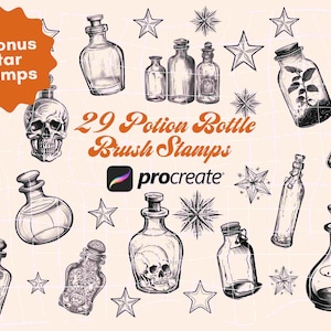 May include: A set of 29 black and white potion bottle brush stamps for Procreate, featuring various bottle shapes and designs. The set also includes 4 bonus star stamps.