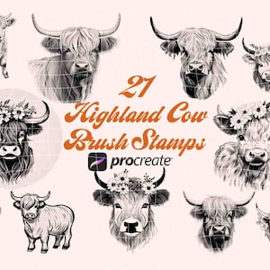 Conjunto de pinceles de sellos de vaca Highland para procrear / sellos artesanales digitales uso comercial / estética Cottagecore / imágenes prediseñadas vintage