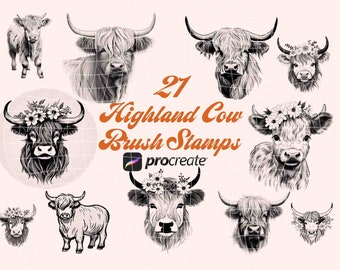 Highland Cow-stempelborstelset voor Procreate | Digitale ambachtelijke stempels commercieel gebruik | Cottagecore-esthetiek | Vintage clipart