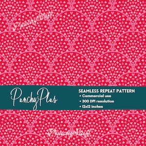 May include: A seamless repeat pattern with a vibrant red and pink heart design. The pattern features a fan-like arrangement of hearts, with a darker pink outline. The text "Punchy Plus" is in a script font. The pattern is 12x12 inches.
