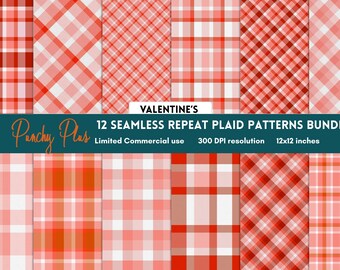 Paquete de patrones sin costuras de cuadros escoceses de San Valentín, papel digital de cuadros vichy rosas, fondo de tartán rojo, impresión de álbum de recortes Coquette