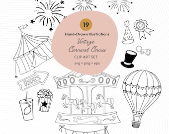 Conjunto de imágenes prediseñadas de carnaval vintage, circo dibujado a mano en formato SVG, EPS y PNG, diseño de invitación para fiesta de feria retro.