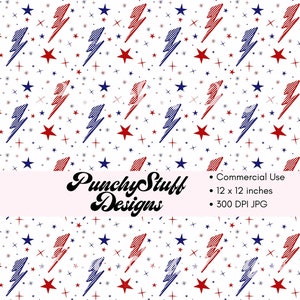 Red White Blue Stars and Lightning Bolt Seamless Pattern Digital Download | 4th of July American Flag colors | digital paper craft,