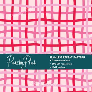May include: Seamless repeat pattern in shades of pink and red, featuring a grid-like design. The pattern includes the text "Punchy Plus" and details: "Commercial use," "300 DPI resolution," and "12x12 inches."
