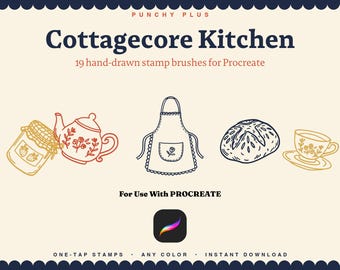 Sellos Cottagecor para Procreate, 19 pinceles de sellos dibujados a mano, tetera, delantal, mermelada de masa madre, imágenes prediseñadas Cottagecore de descarga instantánea