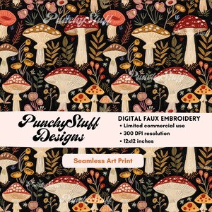Modèle sans couture fichier fausse broderie automne foncé champignon des bois en téléchargement numérique, sublimation esthétique 3D de cottagecore de forêt botanique