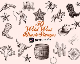 Wild West Cowboy Stamp Brush Set for Procreate Country Western Procreate Brushes, Western Cowgirl Aesthetic, Retro Vintage Clipart, Boot Hat