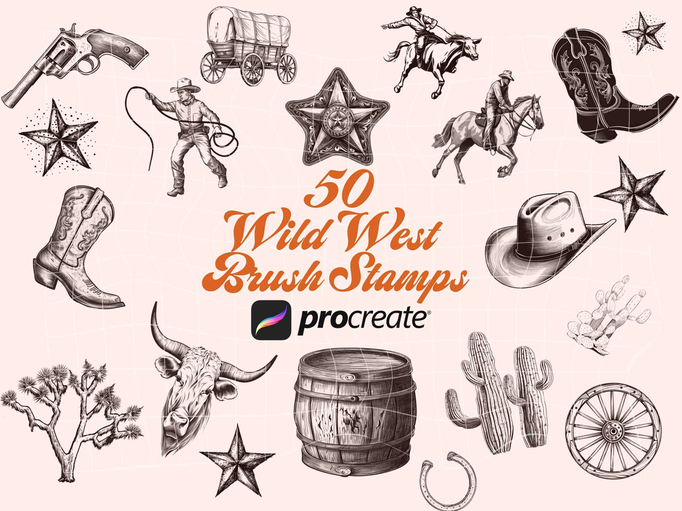 Wild West Cowboy Stamp Brush Set for Procreate Country Western ...