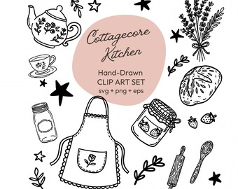 Conjunto de imágenes prediseñadas estilo cottagecore, imágenes de cocina dibujadas a mano en formato SVG, PNG y EPS, pegatinas e invitaciones digitales para Cricut.