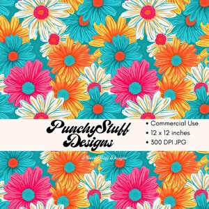 BRIGHT BOHO DAISY Seamless Pattern Digital Download | Summer Wildflower Aesthetic | fabric, groovy | teal, pink, orange, flower power daisy