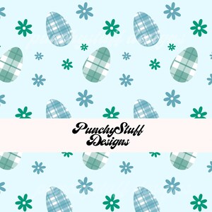 PLAID EASTER EGGS Spring Daises Seamless Pattern Descarga digital / Dibujado a mano / proyecto de arte, artesanía de papel, tela / Estética verde azul