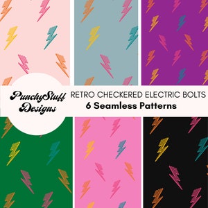 Puede incluir: Seis patrones sin costuras con rayos eléctricos retro a cuadros en varios colores, incluyendo rosa, azul, verde, amarillo y naranja. El texto "Punchy Stuff Designs" y "Retro Checkered Electric Bolts 6 Seamless Patterns" está incluido en la imagen.
