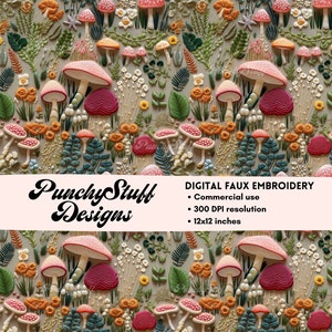 Fichier de motif sans couture Faux broderie Woodland Mushroom | Téléchargement numérique | Esthétique Cottagecore 3D | Sublimation, tissu artisanal