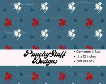 Wild West Cowboy Rodeo Seamless Pattern Digital Download | Red White Blue 4th of July  | American Flag colors | digital paper craft,