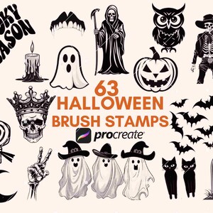 Op de afbeelding: 63 Halloween-penseelstempels voor de Procreate-app.  Bevat de tekst "Spooky Season", geesten, vleermuizen, een schedel, een pompoen, een grim reaper, een skelet, een heks, een kat, een grafsteen, een lolly, een halve maan, een kaars en een vampiertand.