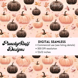 Peut inclure: Un motif numérique sans couture représentant des citrouilles brunes et pêche avec des pois blancs sur un fond rose clair. Le motif comprend également des feuilles brunes et des étoiles blanches. Le texte "Punchy Stuff Designs" et "DIGITAL SEAMLESS" est inclus dans l'image. Le motif mesure 30,5 x 30,5 cm et a une résolution de 300 DPI.
