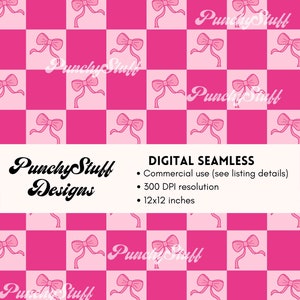 ARCHIVO COQUETTE SEAMLESS Tablero de ajedrez con lazos rosa intenso, patrón ilustrado dibujado a mano, sublimación, envoltorios para vasos, scrapbooking retro Y2K