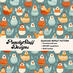 MODÈLE SANS COUTURE Téléchargement numérique | Poulets mignons en chandails | papeterie, sublimation, tissu, artisanat | Hiver Automne Automne Esthétique
