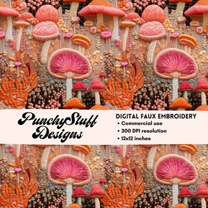Fichier de motif sans couture Faux broderie Woodland Mushroom | Téléchargement numérique | Esthétique Cottagecore 3D | Sublimation, tissu artisanal
