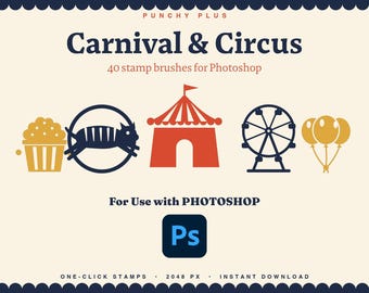 Pinceles de circo para Photoshop, 40 pinceles de sellos de carnaval ABR, payaso, carrusel, elefante de carpa, lindos sellos de circo