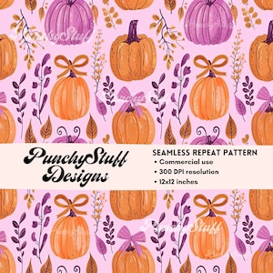 May include: A seamless repeat pattern featuring orange and purple pumpkins with bows, leaves, and vines on a pink background. The text "Punchy Stuff Designs" is at the bottom of the pattern.