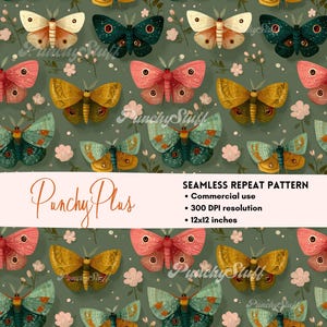 Padrão sem emendas de mariposas florais retrô para download digital, mariposas vintage, florais rosa, verde, botânico, ocular, diário de lixo, artesanato em papel digital