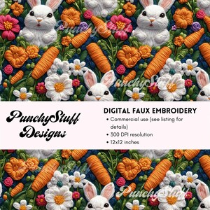 Osterhase Kaninchen nahtlose Muster-Datei | Digitaler Download | Faux 3D-Stickerei Cottagecore Ästhetisches niedliches Osterhandwerk für Sublimation
