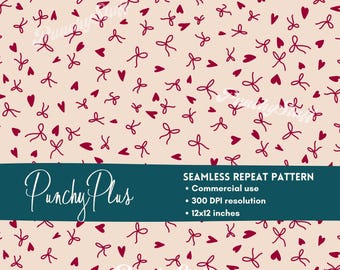 Papel digital con lazos y corazones en color burdeos sin costuras, ideal para uso comercial.