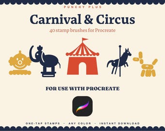Circus Procreate Stamps, 40 Carnival Stamp Brushes for Procreate, Clown Carousel Big Top Elephant,  Cute Circus Clipart