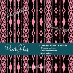 May include: Seamless repeat pattern in black and pink. The design features vertical stripes with alternating heart and diamond shapes, along with decorative oval and chain-like elements. The text "Punchy Plus" and details about the pattern are included.