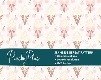 Patrón sin costuras de lazo de helado / Papel digital de verano con cerezas coquetas / Diseño de sublimación de postre rosa