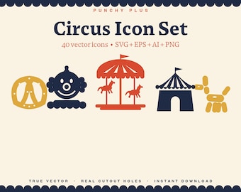 Iconos de circo, 40 iconos vectoriales de carnaval, SVG EPS AI png, payaso, carrusel, noria de circo, conjunto de iconos para uso comercial