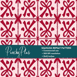 May include: Seamless repeat pattern featuring a repeating design of red bows, hearts, and floral elements on a light pink background. The pattern includes the text "Punchy Plus" and details about the pattern's commercial use and resolution.