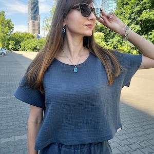 Cotton muslin crop top, Cotton blouse, Muslin double gauze woman top, Outfit women, Cotton casual home and beach wear, Muslin blouse